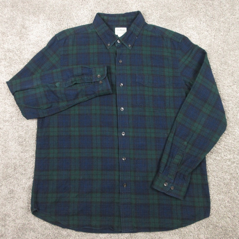 LL Bean‎ Shirt Mens Large Blue Green Black Watch Tartan Plaid Flannel Button Up